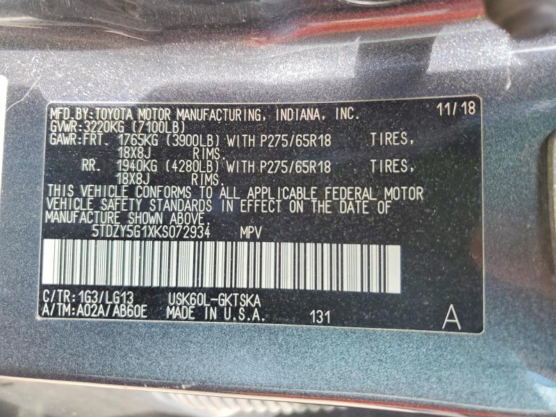 56453456 :رقم المزاد ، 5TDZY5G1XKS072934 vin ، 2019 Toyota Sequoia مزاد بيع
