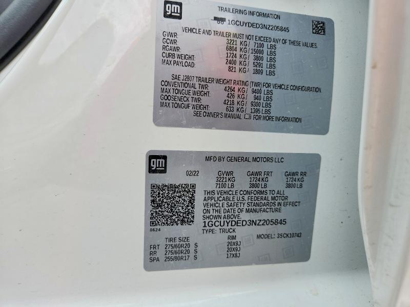 Продаж на аукціоні авто 2022 Chevrolet Silverado Ltd, vin: 1GCUYDED3NZ205845, номер лоту: 57743326