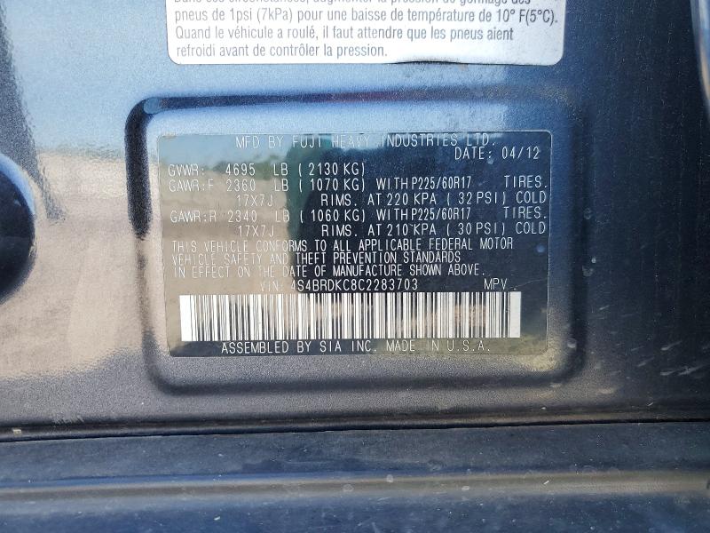 53339046 :رقم المزاد ، 4S4BRDKC8C2283703 vin ، 2012 Subaru Outback مزاد بيع
