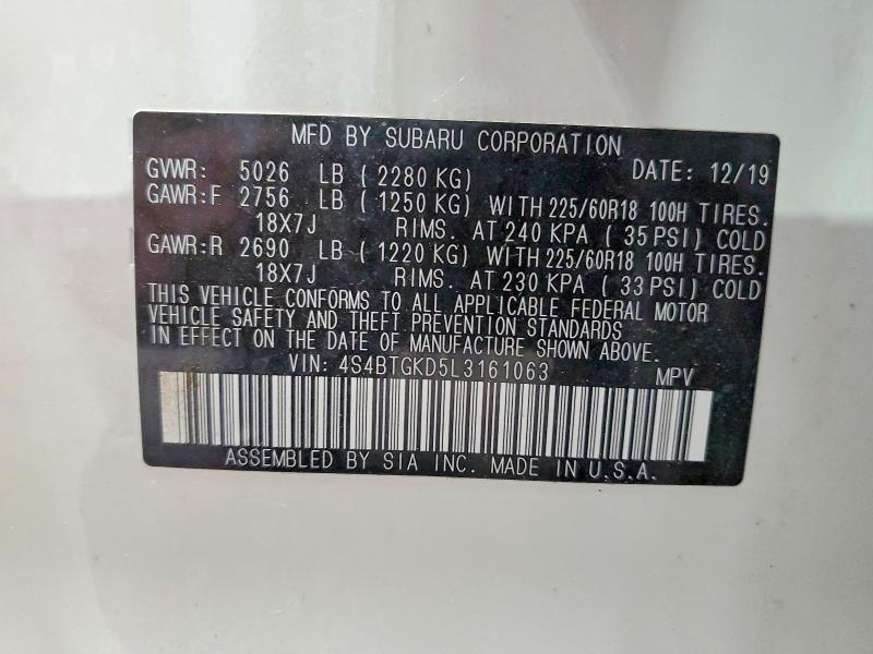 54973686 :رقم المزاد ، 4S4BTGKD5L3161063 vin ، 2020 Subaru Outback مزاد بيع