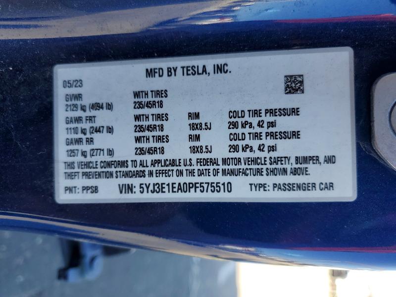 Продаж на аукціоні авто 2023 Tesla 3, vin: 5YJ3E1EA0PF575510, номер лоту: 56831936