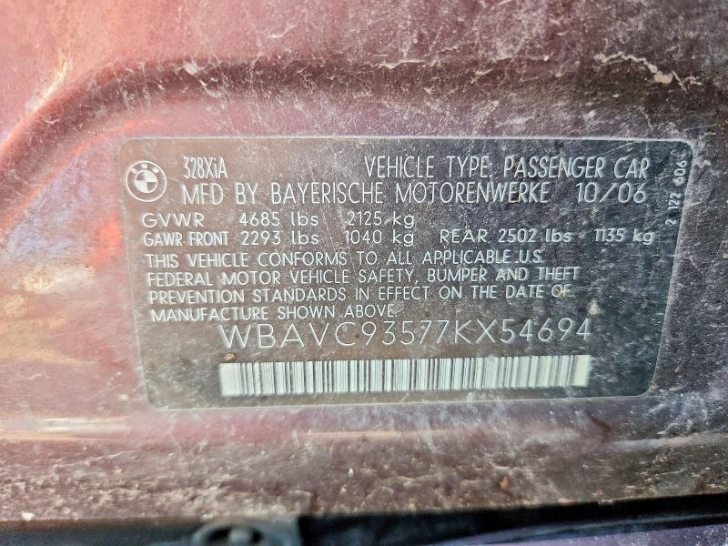 2007 Bmw 328 მანქანა იყიდება აუქციონზე, vin: WBAVC93577KX54694, აუქციონის ნომერი: 57303856