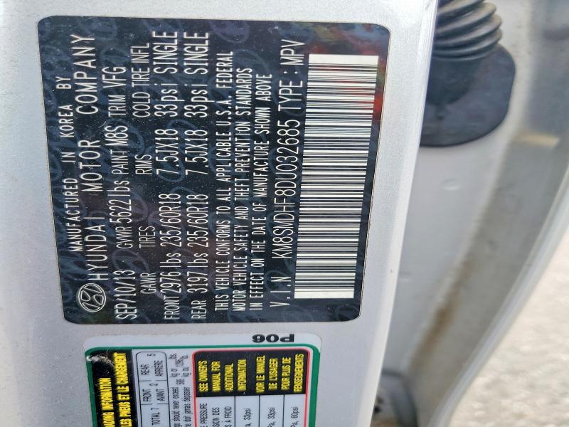 2013 Hyundai Santa Fe მანქანა იყიდება აუქციონზე, vin: KM8SMDHF8DU032685, აუქციონის ნომერი: 58607886