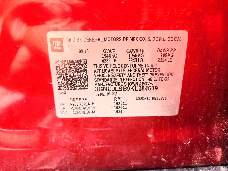 Продажа на аукционе авто 2019 Chevrolet Trax, vin: 3GNCJLSB9KL154519, номер лота: 57677936