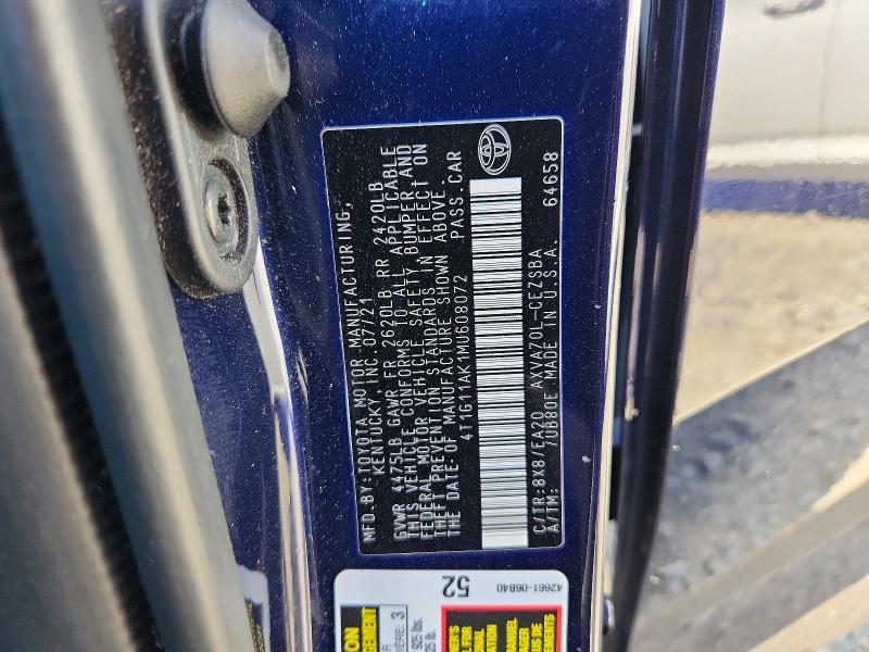 2021 Toyota Camry მანქანა იყიდება აუქციონზე, vin: 4T1G11AK1MU608072, აუქციონის ნომერი: 57654116