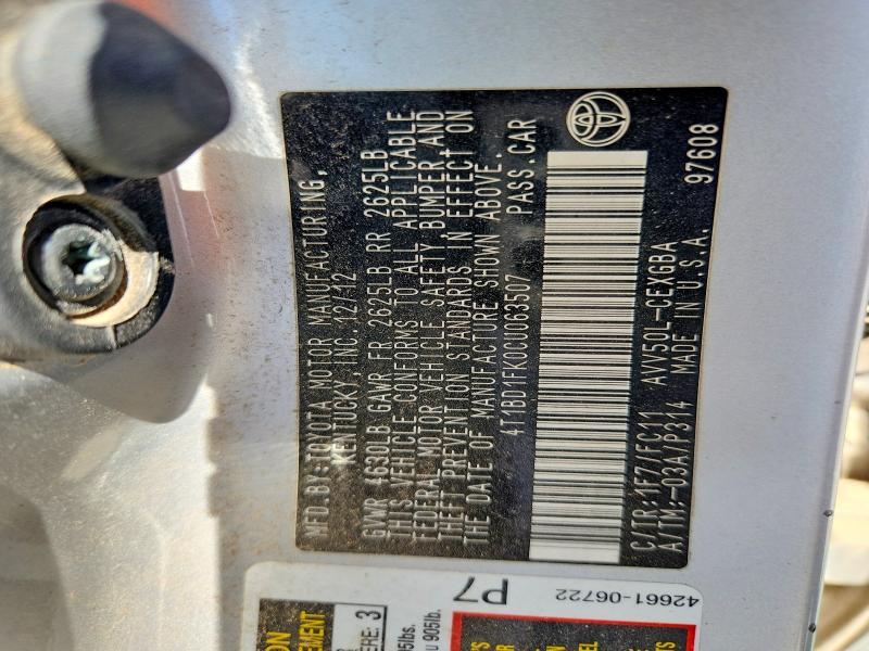 2012 Toyota Camry Hybrid მანქანა იყიდება აუქციონზე, vin: 4T1BD1FK0CU063507, აუქციონის ნომერი: 57264376