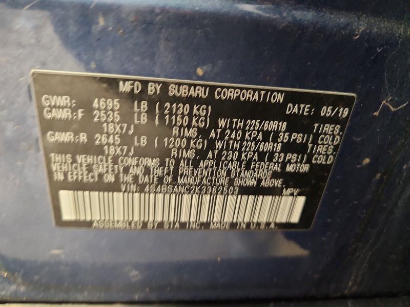 2019 Subaru Outback მანქანა იყიდება აუქციონზე, vin: 4S4BSANC2K3362503, აუქციონის ნომერი: 55051336