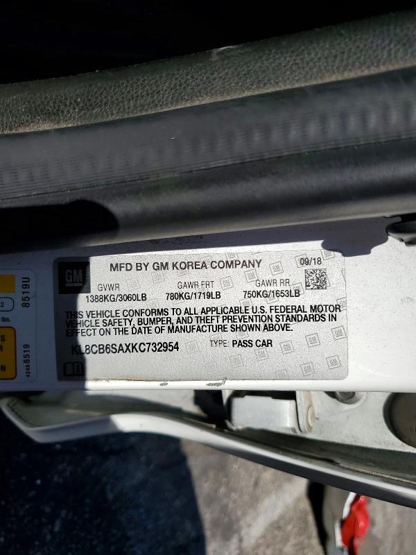 2019 Chevrolet Spark მანქანა იყიდება აუქციონზე, vin: KL8CB6SAXKC732954, აუქციონის ნომერი: 59118906
