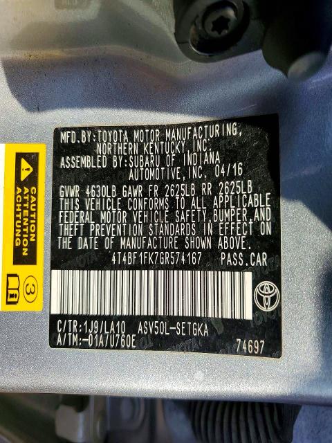 2016 Toyota Camry მანქანა იყიდება აუქციონზე, vin: 4T4BF1FK7GR574167, აუქციონის ნომერი: 58416596