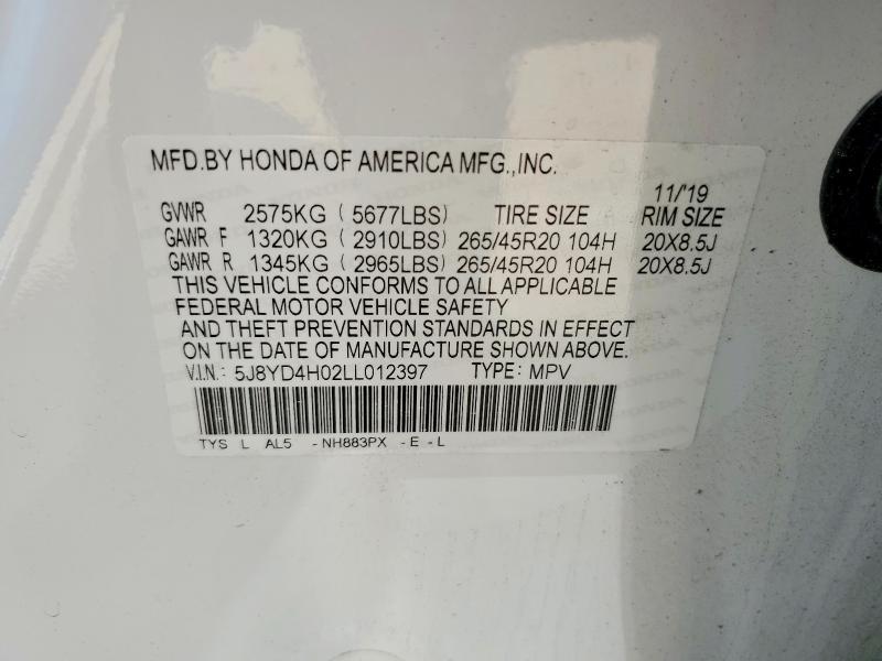 56878406 :رقم المزاد ، 5J8YD4H02LL012397 vin ، 2020 Acura Mdx مزاد بيع
