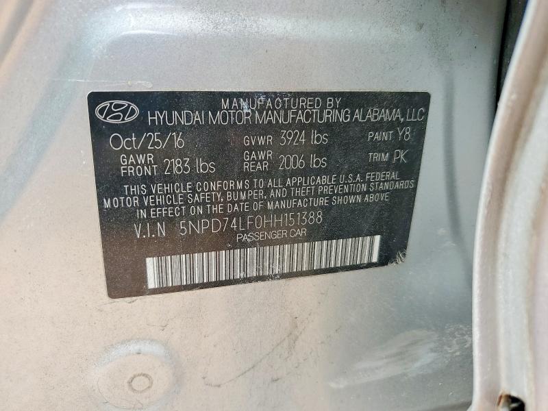 57315166 :رقم المزاد ، 5NPD74LF0HH151388 vin ، 2017 Hyundai Elantra مزاد بيع