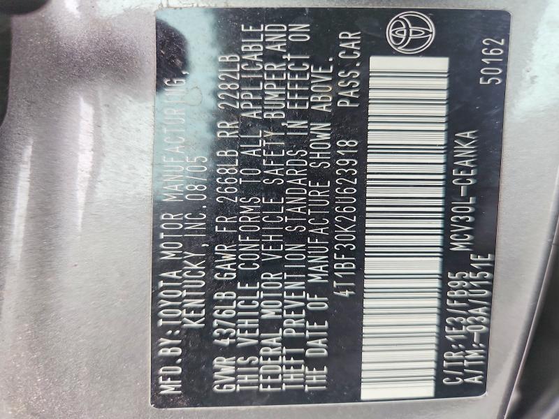 2006 Toyota Camry მანქანა იყიდება აუქციონზე, vin: 4T1BF30K26U623918, აუქციონის ნომერი: 56343746