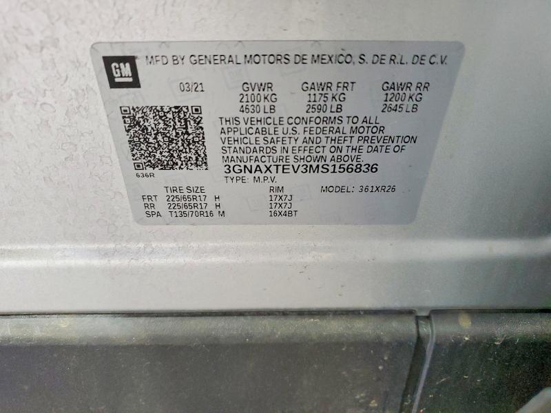 2021 Chevrolet Equinox მანქანა იყიდება აუქციონზე, vin: 3GNAXTEV3MS156836, აუქციონის ნომერი: 58041606