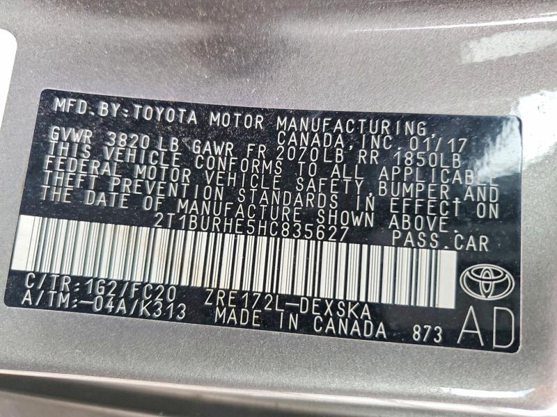 Продажа на аукционе авто 2017 Toyota Corolla, vin: 2T1BURHE5HC835627, номер лота: 58430526