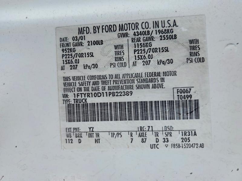 Auction sale of the 2001 Ford Ranger, vin: 1FTYR10D11PB22389, lot number: 57866536