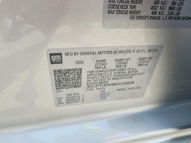 2022 Chevrolet Silverado Ltd მანქანა იყიდება აუქციონზე, vin: 3GCPYJEK6NG150639, აუქციონის ნომერი: 56337936