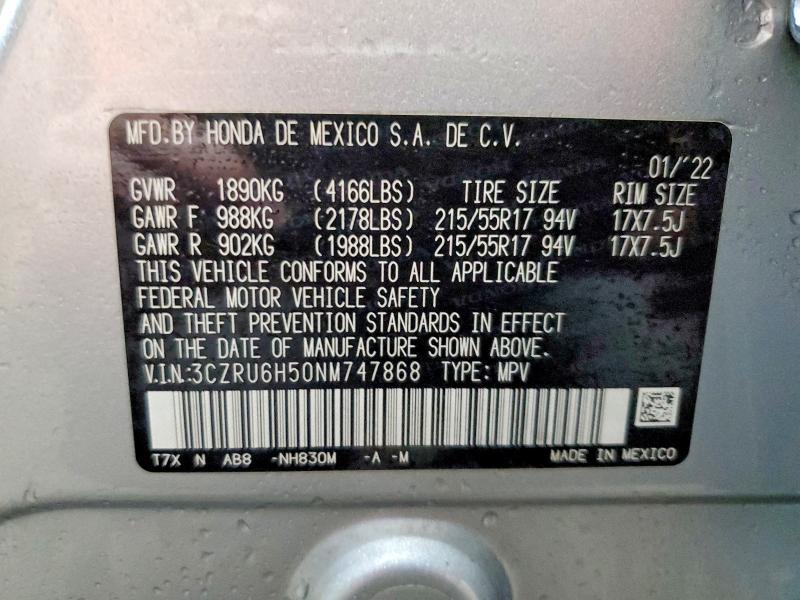 2022 Honda Hr-v მანქანა იყიდება აუქციონზე, vin: 3CZRU6H50NM747868, აუქციონის ნომერი: 56643186