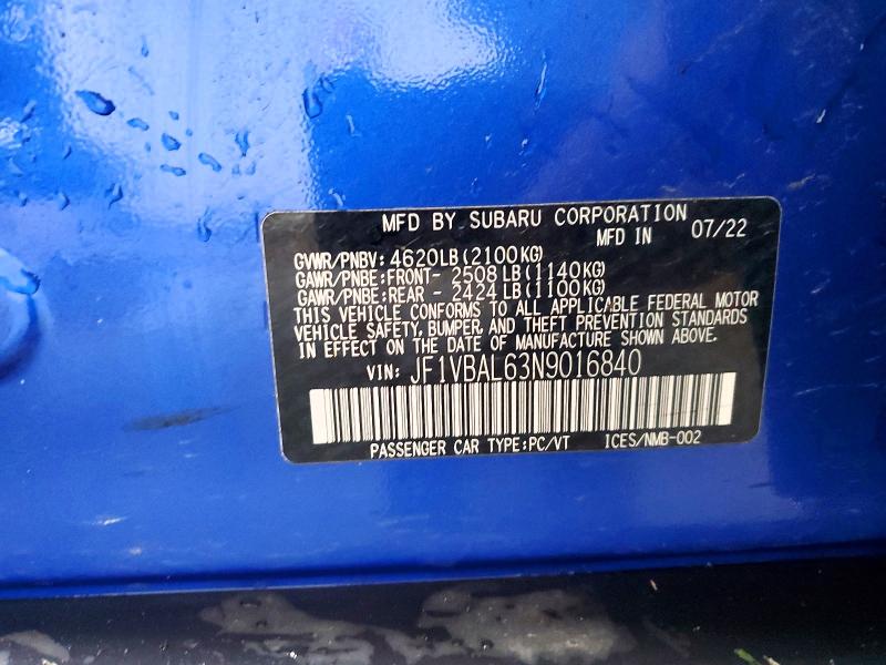 Aukcja sprzedaży 2022 Subaru Wrx, vin: JF1VBAL63N9016840, numer aukcji: 56928476