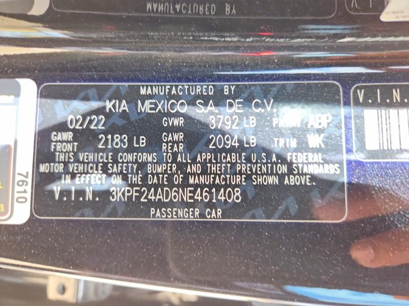 2022 Kia Forte მანქანა იყიდება აუქციონზე, vin: 3KPF24AD6NE461408, აუქციონის ნომერი: 56195606