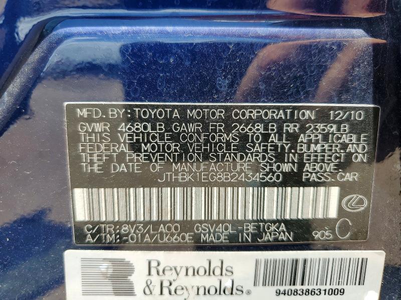 Aukcja sprzedaży 2011 Lexus Es, vin: JTHBK1EG8B2434560, numer aukcji: 55835146