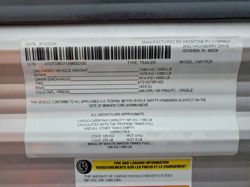 Продажа на аукционе авто 2025 Keystone Coleman, vin: 4YDTCMG11SM932100, номер лота: 56000056