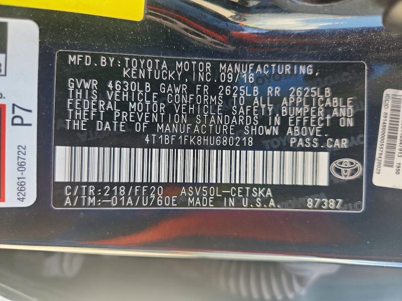 Aukcja sprzedaży 2017 Toyota Camry, vin: 4T1BF1FK8HU680218, numer aukcji: 58058626