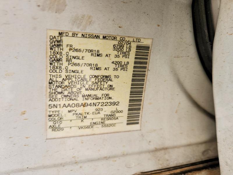 58913576 :رقم المزاد ، 5N1AA08A94N722392 vin ، 2004 Nissan Armada مزاد بيع