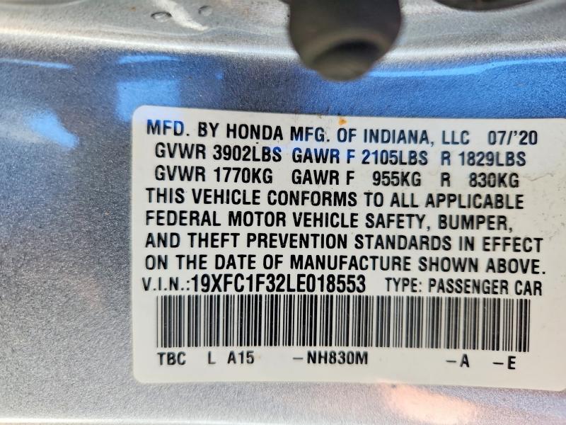 Aukcja sprzedaży 2020 Honda Civic, vin: 19XFC1F32LE018553, numer aukcji: 57583906