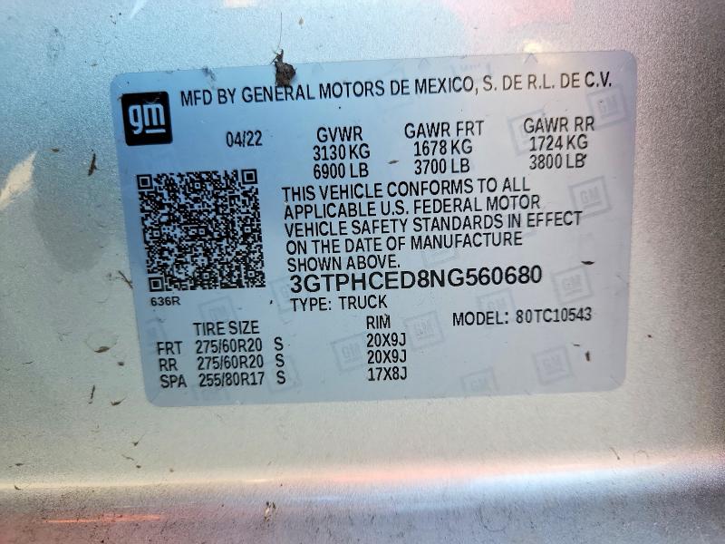 57002496 :رقم المزاد ، 3GTPHCED8NG560680 vin ، 2022 Gmc Sierra مزاد بيع