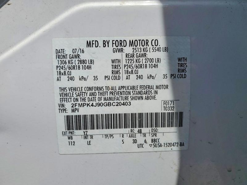 Aukcja sprzedaży 2016 Ford Edge, vin: 2FMPK4J90GBC20403, numer aukcji: 58228746