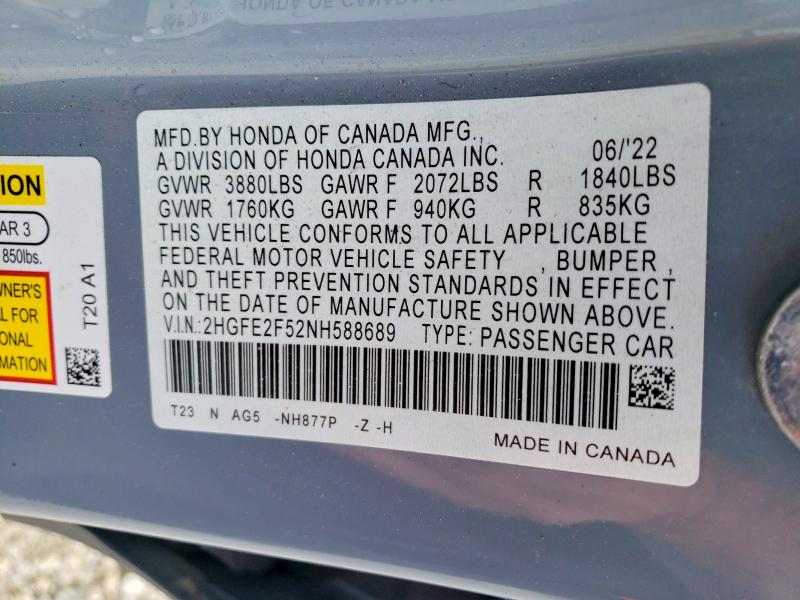 2022 Honda Civic მანქანა იყიდება აუქციონზე, vin: 2HGFE2F52NH588689, აუქციონის ნომერი: 57603586