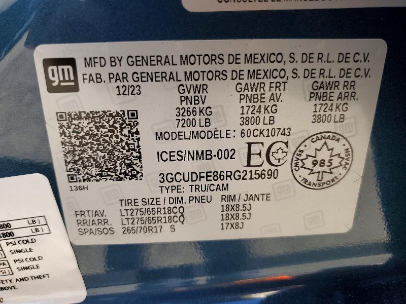 Продажа на аукционе авто 2024 Chevrolet Silverado, vin: 3GCUDFE86RG215690, номер лота: 57587326