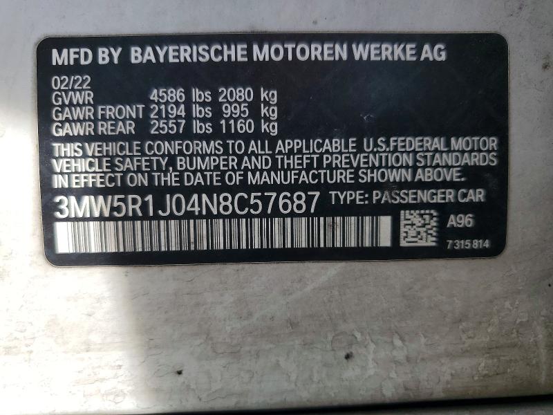 Aukcja sprzedaży 2022 Bmw 330i, vin: 3MW5R1J04N8C57687, numer aukcji: 55620876