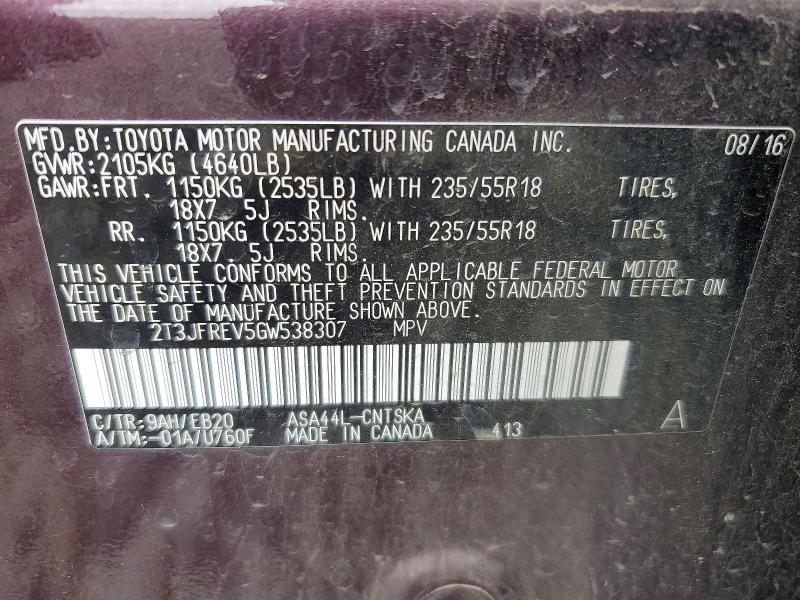 Aukcja sprzedaży 2016 Toyota Rav4, vin: 2T3JFREV5GW538307, numer aukcji: 55903586