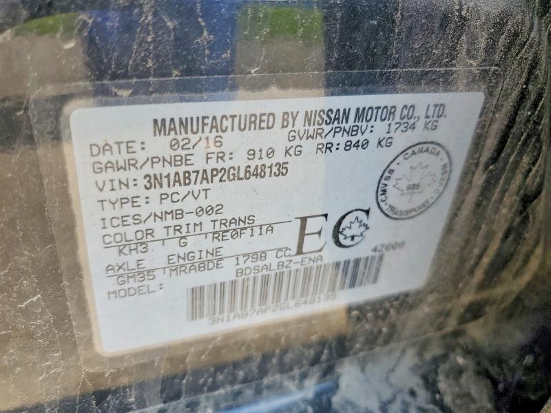 Aukcja sprzedaży 2016 Nissan Sentra, vin: 3N1AB7AP2GL648135, numer aukcji: 58257406