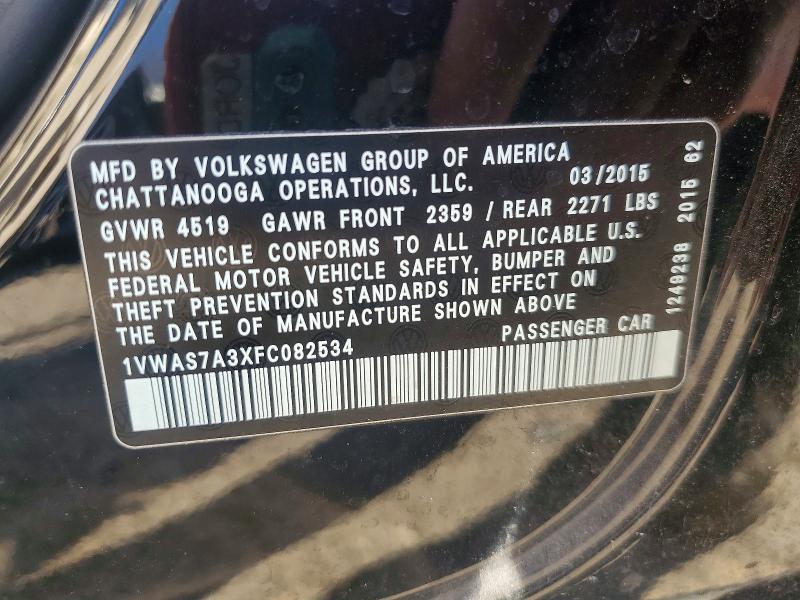 2015 Volkswagen Passat მანქანა იყიდება აუქციონზე, vin: 1VWAS7A3XFC082534, აუქციონის ნომერი: 55493476