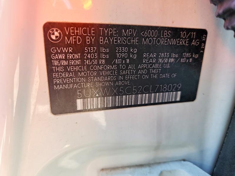 2012 Bmw X3 მანქანა იყიდება აუქციონზე, vin: 5UXWX5C52CL718029, აუქციონის ნომერი: 57206126