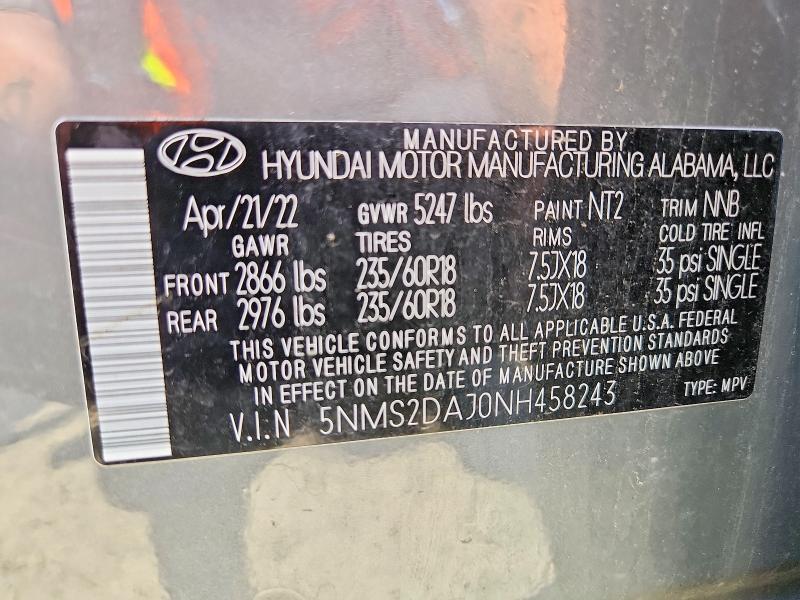 58038636 :رقم المزاد ، 5NMS2DAJ0NH458243 vin ، 2022 Hyundai Santa Fe مزاد بيع