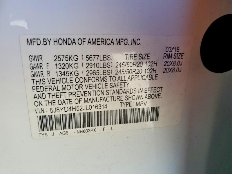 Продаж на аукціоні авто 2018 Acura Mdx, vin: 5J8YD4H52JL016314, номер лоту: 57311446