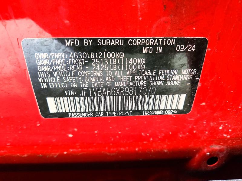 57535176 :رقم المزاد ، JF1VBAH6XR9817070 vin ، 2024 Subaru Wrx مزاد بيع