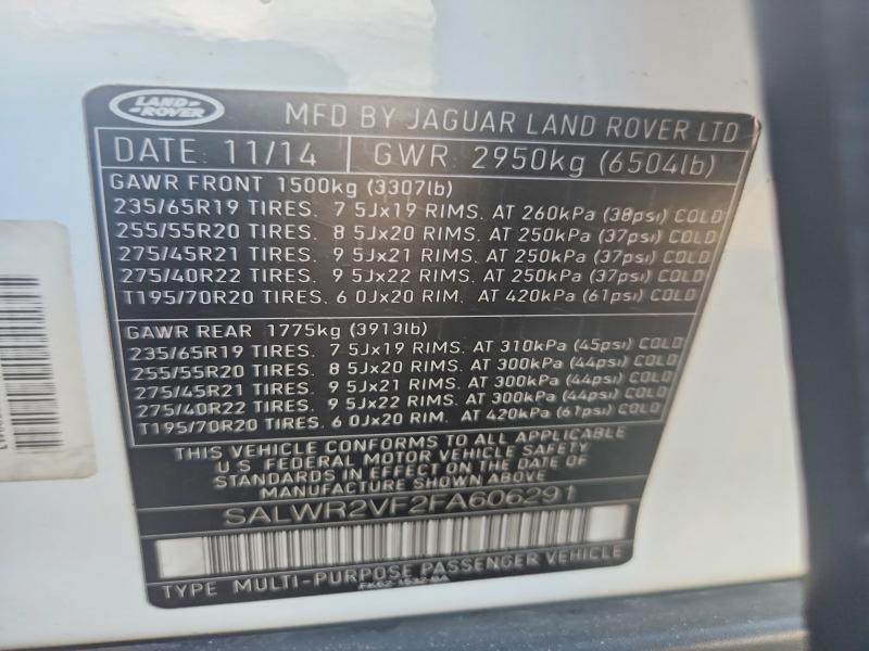 55121096 :رقم المزاد ، SALWR2VF2FA606291 vin ، 2015 Land Rover Range Rover Sport مزاد بيع