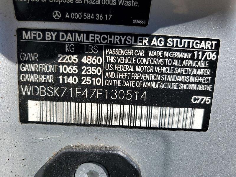 Aukcja sprzedaży 2007 Mercedes-benz Sl, vin: WDBSK71F47F130514, numer aukcji: 55211146
