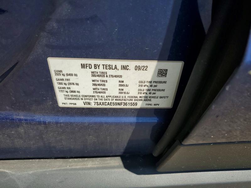 2022 Tesla Model X მანქანა იყიდება აუქციონზე, vin: 7SAXCAE59NF361559, აუქციონის ნომერი: 57378166