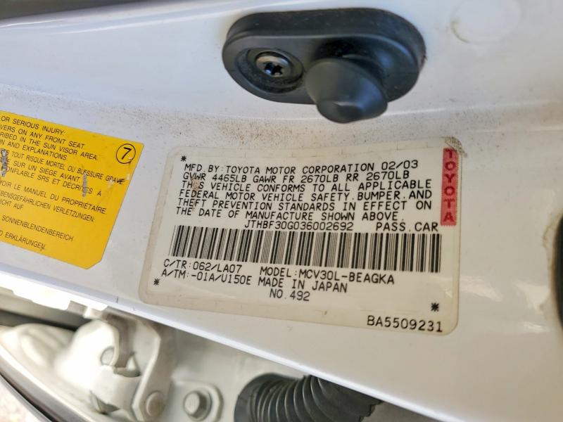 58311046 :رقم المزاد ، JTHBF30G036002692 vin ، 2003 Lexus Es مزاد بيع