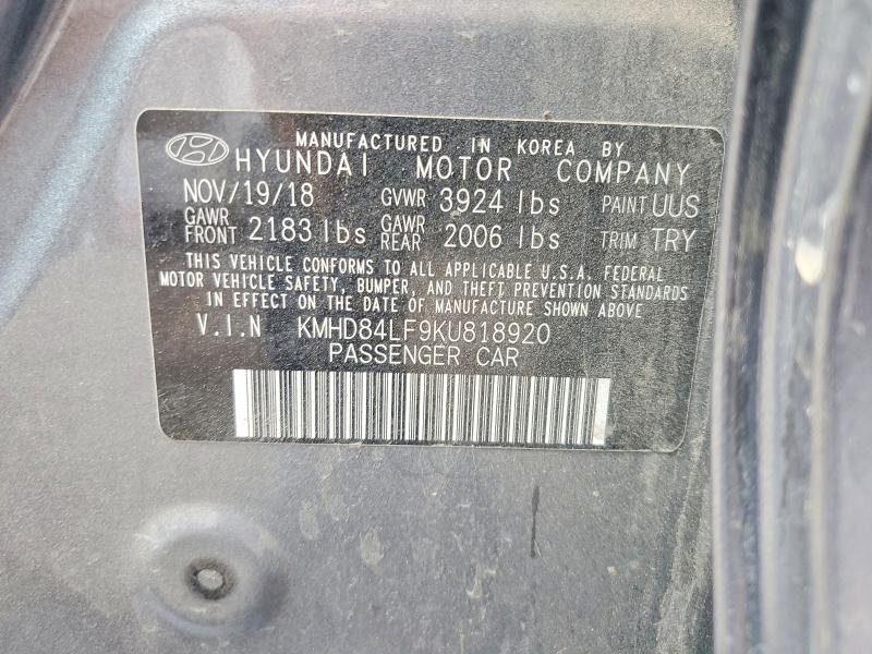 2019 Hyundai Elantra მანქანა იყიდება აუქციონზე, vin: KMHD84LF9KU818920, აუქციონის ნომერი: 58111146