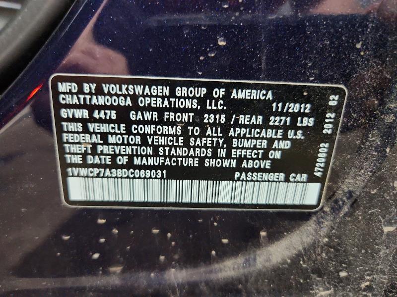 58724996 :رقم المزاد ، 1VWCP7A38DC069031 vin ، 2013 Volkswagen Passat مزاد بيع