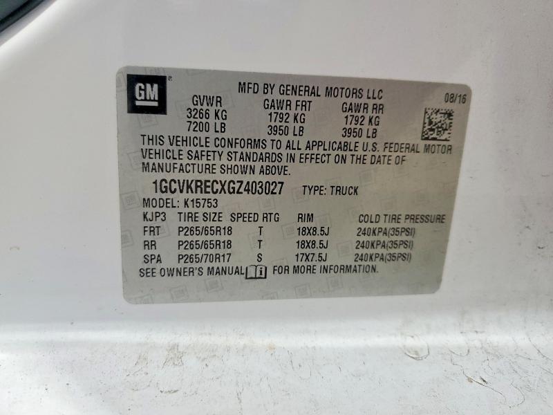 Продаж на аукціоні авто 2016 Chevrolet Silverado, vin: 1GCVKRECXGZ403027, номер лоту: 58982086