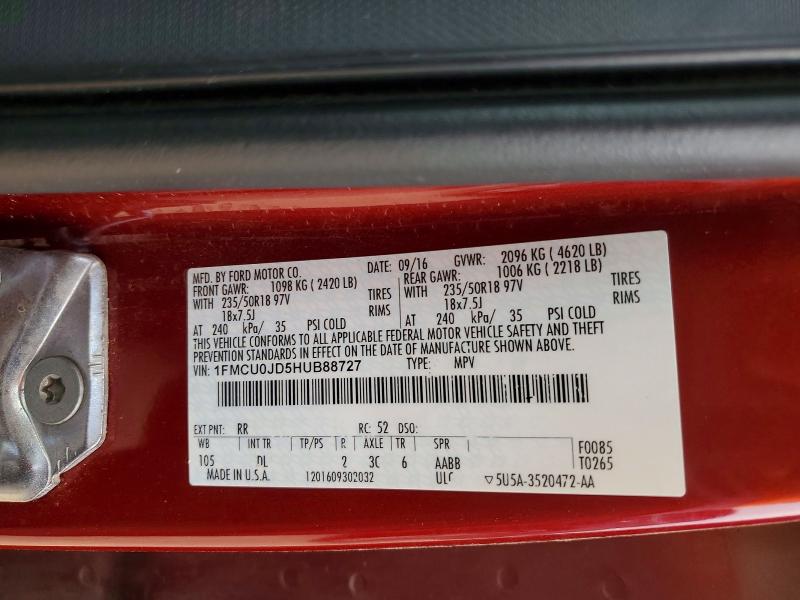 55982396 :رقم المزاد ، 1FMCU0JD5HUB88727 vin ، 2017 Ford Escape مزاد بيع