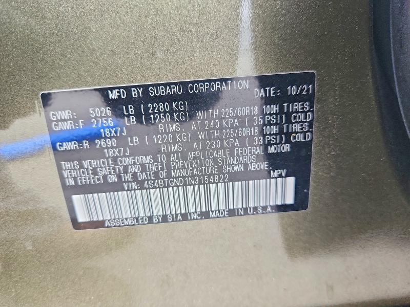 Aukcja sprzedaży 2022 Subaru Outback, vin: 4S4BTGND1N3154822, numer aukcji: 57566126