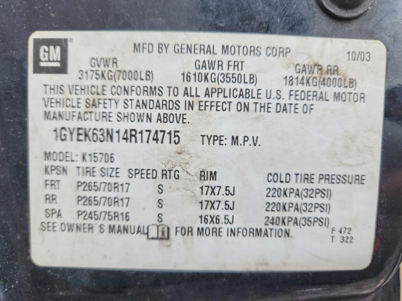 2004 Cadillac Escalade მანქანა იყიდება აუქციონზე, vin: 1GYEK63N14R174715, აუქციონის ნომერი: 57610716